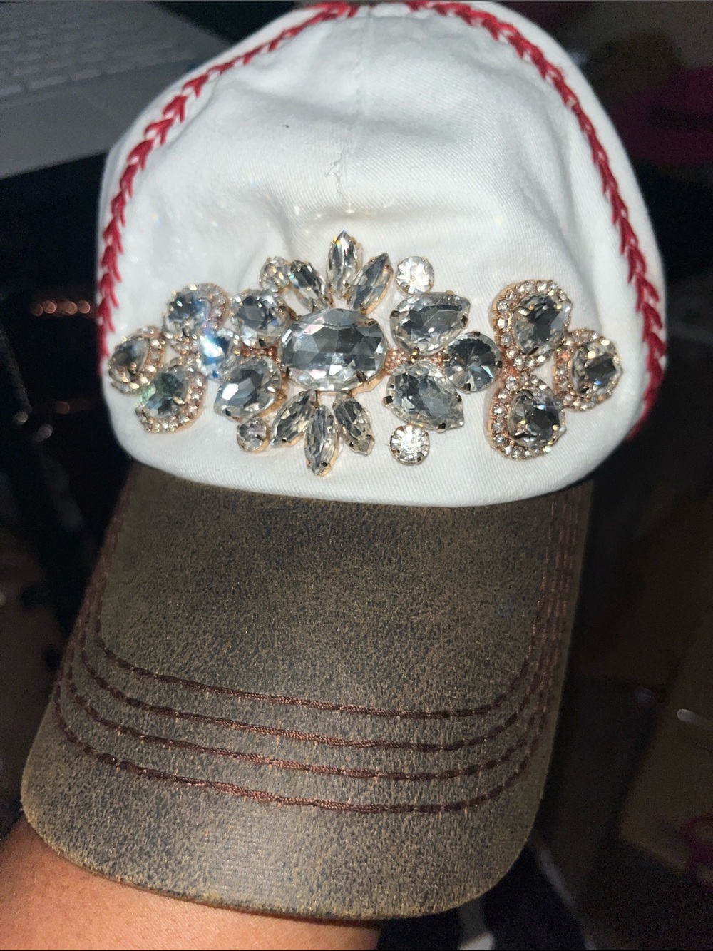 Embellished White & Brown Rhinestone Baseball Cap